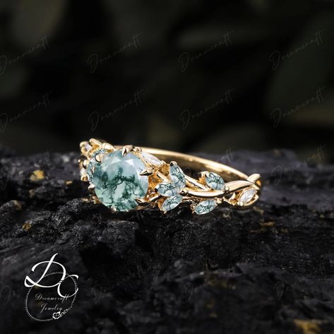 Art Deco Leaf White Gold Moss Agate Engagement Ring Nature Inspired Cluster Promise Ring Green Gemstone Branch Bridal Ring Jewelry - Etsy Nature Engagement Ring, Agate Engagement Ring, Green Gemstones, Moss Agate, Bridal Rings, Promise Rings, Nature Inspiration, Jewelry Rings, Art Deco