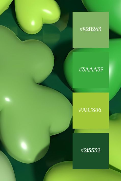 A playful image showcasing various shades of green shamrock leaves, with a glossy, almost plastic-like texture. The different green hues range from light lime to deep forest green, highlighting the diversity of the leaves Palette Green, Deep Forest Green, Green Shamrock, Color Palette Bright, Green Colour Palette, Green Hues, Color Harmony, Deep Forest, Color Palette Generator