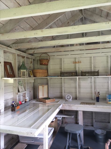 The workspace, my shed She Shed Pottery Studio, Shed Interior Desk, Shed Painting Studio, Garden Sheshed, Art Studio Outdoor Shed, Writing Shed Backyard Studio, Cottage Workshop, Artist Shed, Bush Cabin