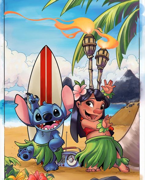 Lilo And Stitch Painting Ideas, Lilo And Stitch Painting Canvases, Lilo And Stitch Mural, Stitch Surfing Wallpaper, Lilo And Stitch Watercolor Backgrounds, Disney Characters Lilo, Lilo And Stitch Tattoo, 50 Tattoo, Lilo And Stitch Movie