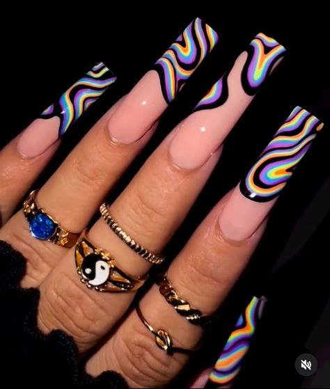 Acrylic Nail Designs Trippy, Short 90s Nails Acrylic, Simple Nail Art Long Nails, Hood Nails Designs, Cute Colorful Acrylic Nails, Xl Almond Nails Designs, Nail Ideas Abstract, 90s Nail Designs Art Ideas, Neon Rave Nails