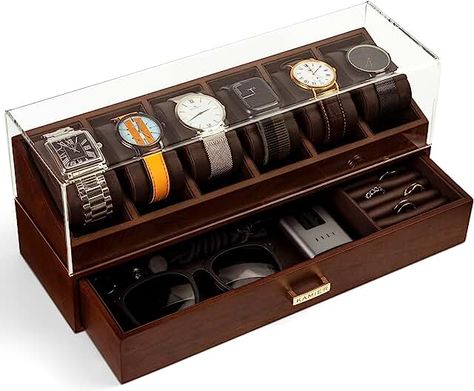 A handsome all in one storage solution. Holds 6 watches with pull-out drawer for rings, cuff links, tie clips, sunglasses, wallets, etc. Luxury Watch Box, Wooden Watch Box, Mens Watch Box, Watch Display Case, Watch Gift Box, Sunglasses Storage, Watch Organizer, Wooden Watches For Men, Unique Valentines Day Gifts