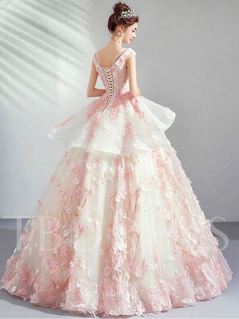 Scoop Ball Gown Floor-Length Appliques Quinceanera Dress 2019 Cherry Blossom Wedding Dress, White Gown Dress, Flower Prom Dress, Princess Bridal Gown, Royal Dresses, Princess Ball Gowns, Beautiful Prom Dresses, Pageant Gowns, Pink Gowns