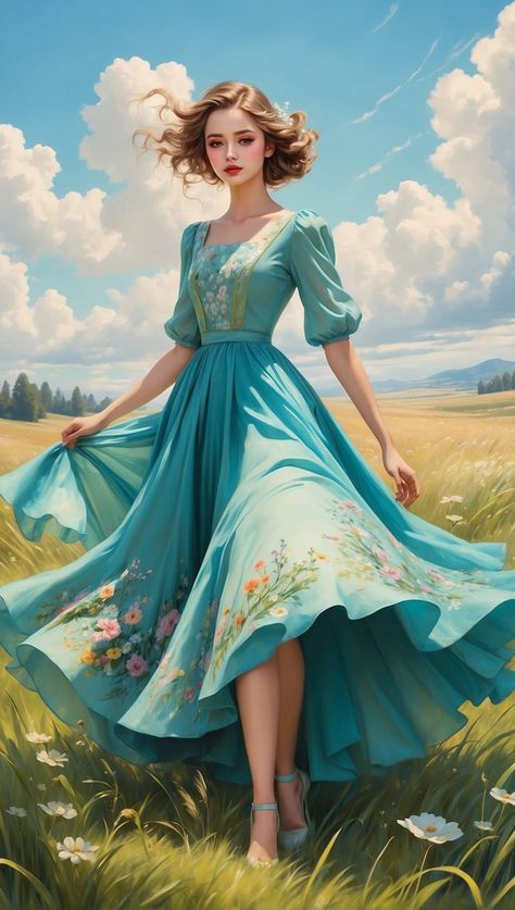 A model twirls in a meadow of tall, swaying grass with a vintage-style dress billowing in the wind. Grass Meadow, Dress Wind, Romantic Woman, Beauty Magic, Fantasy Dresses, Flowing Dresses, Vintage Style Dresses, 판타지 아트, Photos Of Women