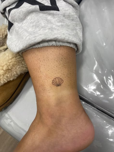 #tattoo #coconutgirl Seashell Tattoo Ankle, Mini Shell Tattoo, Shell Ankle Tattoo, Simple Shell Tattoo, She’ll Tattoo, Small Seashell Tattoo, Scallop Shell Tattoo, Fiji Tattoo, Sea Shell Tattoo