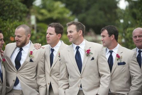 Groomsmen khaki, beige with navy blue #UnlimitedRomance Tan Groomsmen Suits, Tan Groomsmen, Suits And Ties, Mens Wedding Attire, Dark Suit, Tan Suit, Suits Men, Wedding Colors Blue, Groomsmen Suits