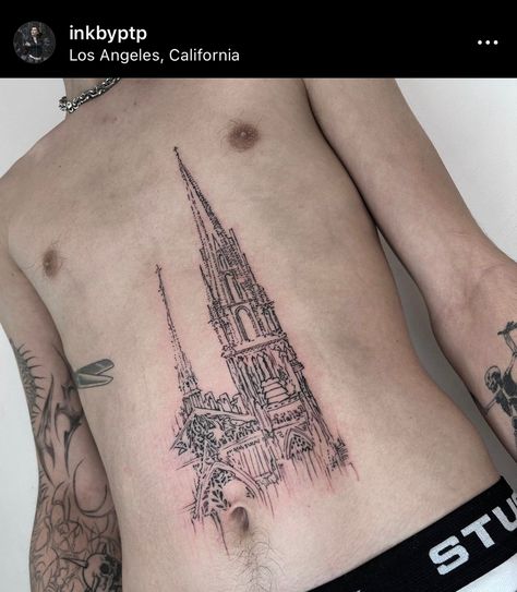 tattoo artist: @inkbyptp Cathedral Tattoos, Elf Tattoo, Cathedral Tattoo, Church Tattoo, Castle Tattoo, Sketch Style Tattoos, Animal Tattoo Ideas, Evil Tattoos, Sigil Tattoo