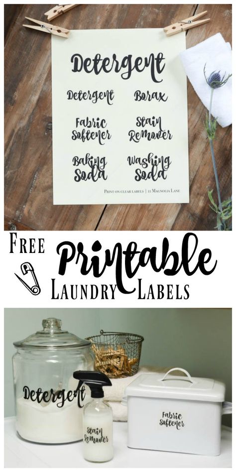 Easy Organization: Free Printable Laundry Room Labels, just print on clear sticker paper and organize your laundry room! Labels include: detergent, borax, fabric softener, stain remover, baking soda, and washing soda. Organization Labels, Laundry Labels, Farmhouse Laundry, Farmhouse Laundry Room, Dollar Store Hacks, Laundry Closet, Labels Printables Free, Laundry Decor, Small Laundry