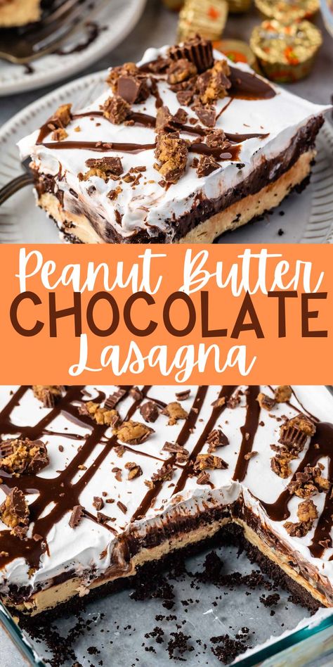 Peanut Butter Chocolate Lasagna is a no bake dessert that's layered with Oreo crust, peanut butter cheesecake, chocolate pudding and tons of peanut butter flavor. No Bake Chocolate Peanut Butter Lasagna, Pudding Layered Desserts, No Bake Desserts Peanut Butter, Desserts With Peanut Butter, Peanut Butter Chocolate Lasagna, Chocolate Peanut Butter Lasagna, Chocolate Lasagne, Chocolate Lasagna Dessert, Icebox Pies