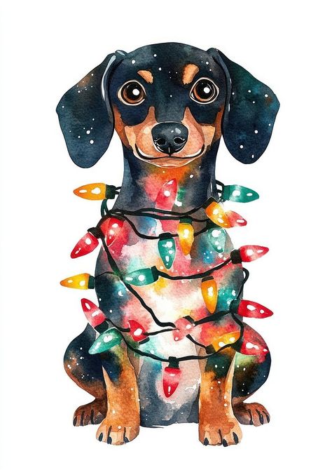 Christmas Dog Painting, Christmas Dog Art, Christmas Lights Illustration, Lights Illustration, Drawing Time, Dog Wrap, Cute Dogs Images, Dachshund Christmas, Christmas Painting