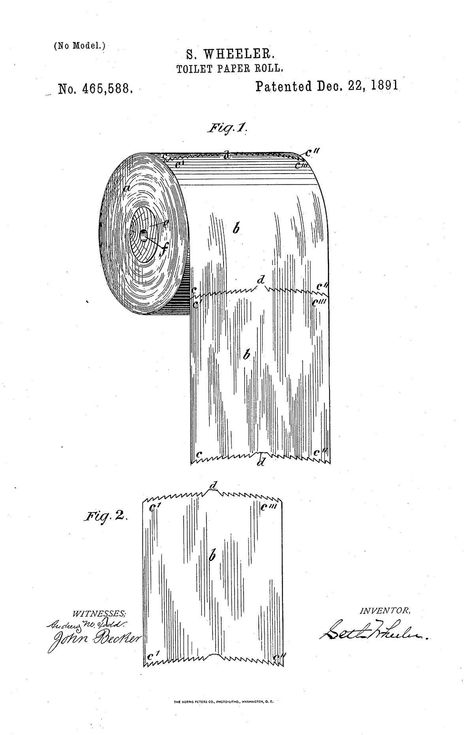 The Debate is ‘Over’ After 1891 Patent Reveals the Right Way to Use Toilet Paper Toilet Paper Patent, Neutral Bathroom Decor, Walk In Shower Designs, Patent Drawing, Patent Art, Toilet Paper Roll, Patent Prints, Drawing Prints, Paper Roll