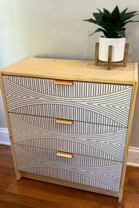 Ikea Rast Closet, Kids Dresser Makeover, Rast Hack Nightstand, Ikea Koppang Dresser Hack, Drawer Fronts Ideas, Boho Ikea Hacks, Wallpaper Dresser Drawers, Diy Drawer Fronts, 3 Drawer Dresser Makeover