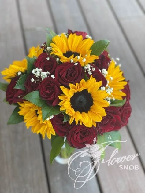 Red Yellow And White Wedding, Sunflowers And Black Roses, Red And Yellow Wedding Bouquet, Red Rose And Sunflower Bouquet, Sunflower And Rose Bouquet Wedding, Red And Yellow Bouquet, Red Yellow Wedding, Fall Wedding Bouquets Bridesmaids, Sunflower Rose Bouquet