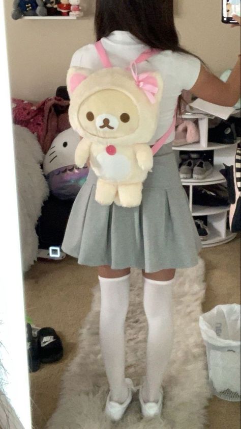 Rilakkuma Plushie, Backpack Outfit, Kawaii Core, Plush Backpack, Kawaii Fashion Outfits, Kawaii Plushies, J Fashion, Really Cute Outfits, Kawaii Clothes