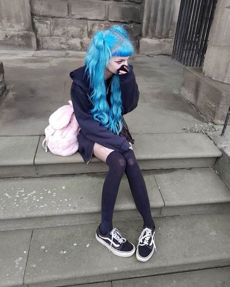 Long Bleached Hair, Blue Hair Goth, Blue Hair Outfit, Weird Haircuts, Pastel Goth Aesthetic, Punk Hair, Emo Hair, Happy Bday, Birthday Happy