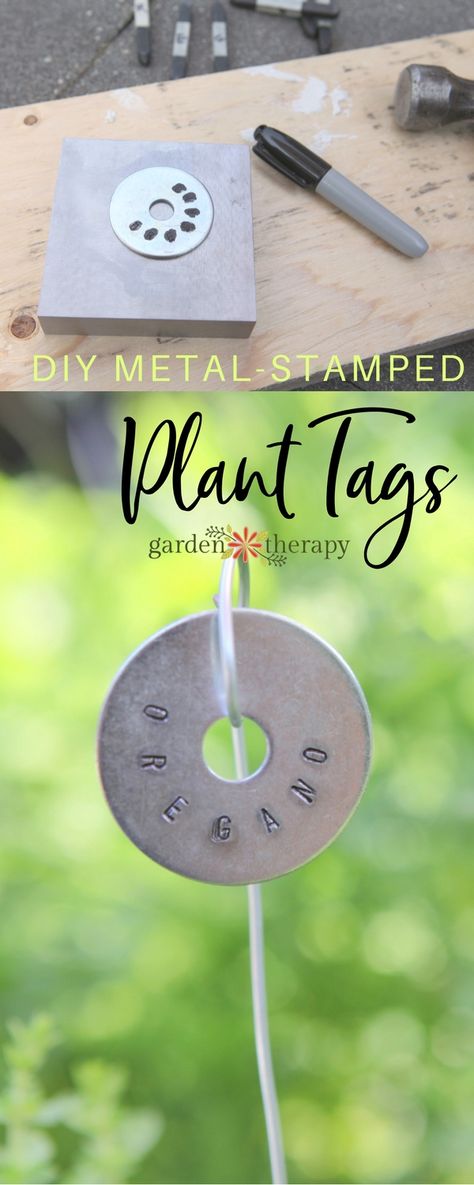 Metallringe und Unterlegscheiben für moderne Pflanzenschilder nutzen. DIY metal-stamped plant tags. Für das Gewächshaus, die Anzucht und das Pflanzbeet. Plant Tags Diy, Apple Espalier, Diy Garden Patio, Hardware Stores, Garden Therapy, Garden Tags, Garden Patio Decor, Plant Crafts, Gardening Diy