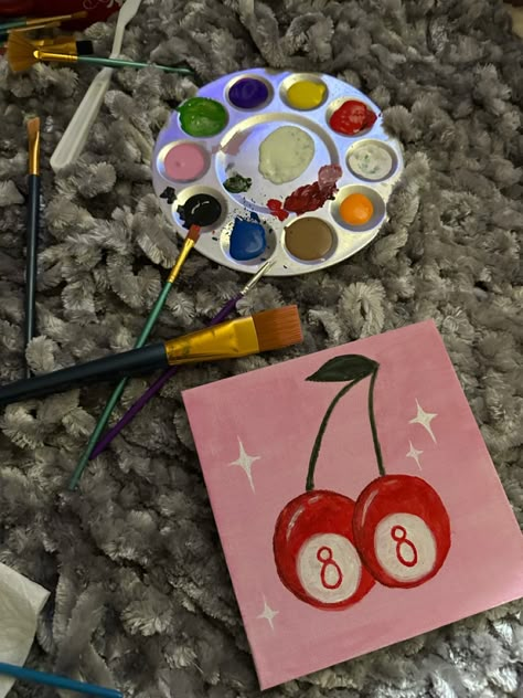 Disco Cherry Painting, 8 Ball Canvas Painting, Cute Cherry Painting, 777 Painting Ideas, Eight Ball Painting, 8 Ball Painting On Canvas, 8ball Painting, Cherry Painting Easy, Cherry Painting Acrylic