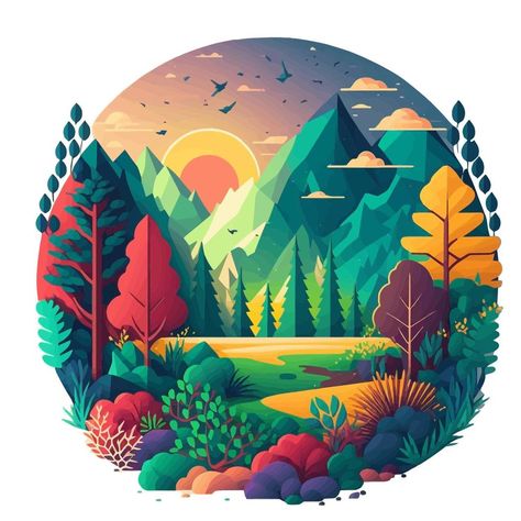 Illustration of Nature Mountain Forest Jungle Landscape Background in Flat Vector Color for Icon, Logo, Poster, Banner, Flayer Forest Vector Art, Mountain Forest Illustration, Colorful Vector Art, Nature Illustration Art Graphic Design, Forest Poster Design, Forest Logo Design, Illustration Art Nature, Nature Poster Design, Landscape Illustration Art