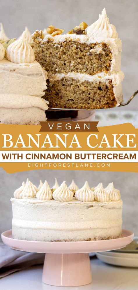 Don't miss out on this banana layer cake! It's the sweet to make for any occasion. Not only is this vegan banana cake moist and packed with spices, but it is also coated in thick cinnamon buttercream frosting! Plus, this yummy dessert recipe is dairy-free and egg-free! Nondairy Cake Recipes, Vegan Ding Dong Cake, Vegan Gluten Free Banana Cake, Egg Free Banana Cake, Vegan Banana Cake Recipe, Vegan Layer Cake, Gluten Free Dairy Free Cake Recipes, Vegan Cake Recipes Easy, Dairy Free Banana Cake