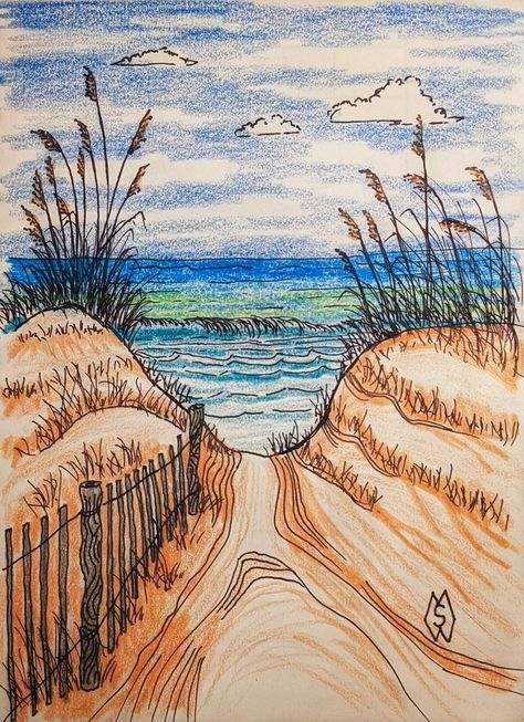 This is my drawing of the ocean surf between the sand dunes and sea oats at the beach. Road Drawing, Ocean Drawing, Road Painting, Sea Drawing, Beach Drawing, Ocean Surf, 5th Grade Art, Watercolor Paintings Easy, Sketchbook Art Journal