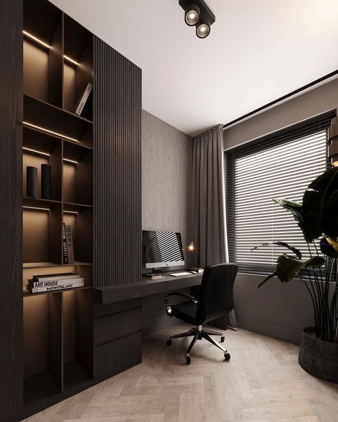 “Home office” designed by our team. A day and night scene.. #interiordesign #rendering #visuals #woodveneer #homeoffice #luxurylifestyle… | Instagram Office Dark Aesthetic, Home Office Small Room, Study Room Aesthetic, Monochromatic Office, Charcoal Office, Modern Industrial House, Study Setup, Radna Soba, Luxe Office