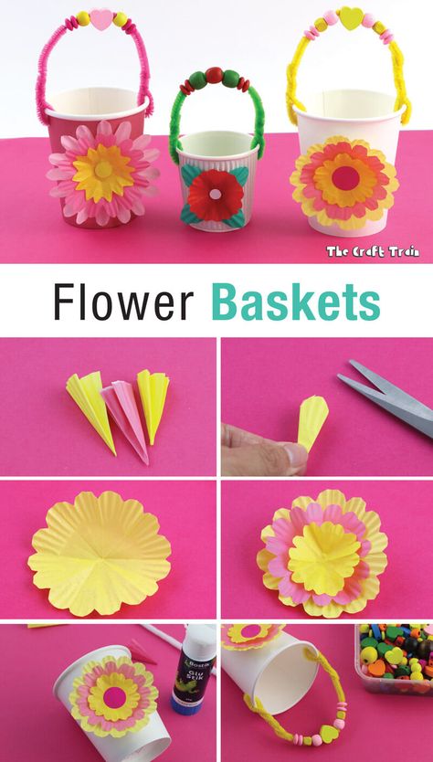 Flower baskets Preschool May Day Baskets, Diy May Day Baskets Ideas, May Baskets Ideas For Kids, May Day Baskets For Kids, Easy May Day Baskets, May Day Ideas, Flower Basket Craft, Basket Paper Craft, Paper Cup Flower