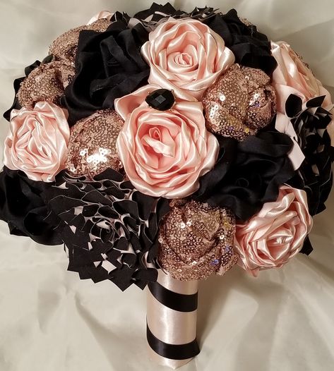 Black, Blush, and Rosegold bouquet Rose Gold And Black Flower Arrangements, Black Gold And Rose Gold Party Decor, Rose Gold And Black Wedding Theme Bridesmaid Dresses, Blush Black Gold Wedding, Rose Gold White And Black Wedding, Black And Rose Gold Bouquet, Pink Black And Silver Wedding Ideas, Rose Gold And Black Wedding Dress, Rose Gold And Black Wedding Ideas