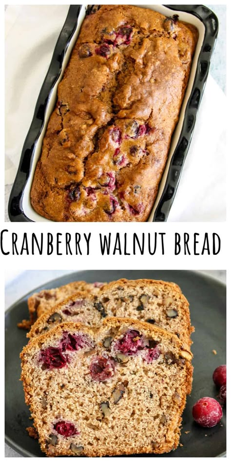 Cranberry walnut bread combines tart cranberries with the crunch of toasted walnuts, in a moist, tender quick loaf that's perfect for a cozy breakfast, packed lunch treat or afternoon snack. This delicious, easy-to-make recipe takes just 10 minutes to stir together. Cranberry Quick Bread, Cranberry Nut Bread, Cranberry Shortbread Cookies, Cranberry Walnut Bread, Cranberry Bread Recipes, Walnut Loaf, Walnut Bread, Cranberry Bread, Nut Bread