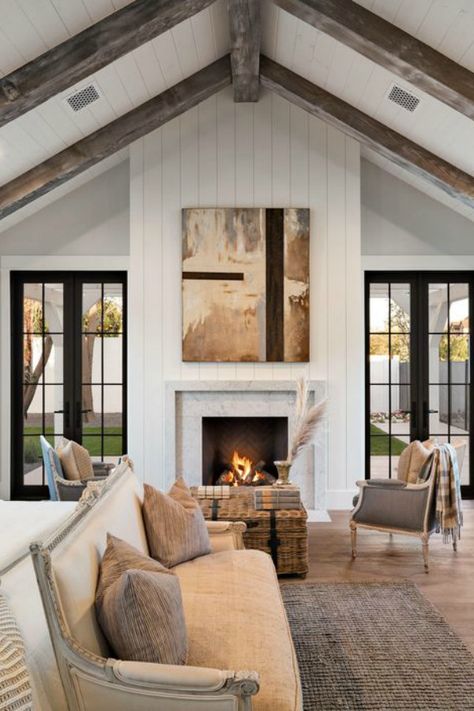 Modern farmhouse bedroom with fireplace, shiplap, and black painted French doors. Interior design by Jaimee Rose Interiors. #bedroomdesign #modernfarmhouse #interiordesign White Modern Farmhouse, Modern Farmhouse Bedroom, Farmhouse Interior Design, Bedroom Fireplace, Hello Lovely, Tudor Style, Farmhouse Interior, Modern Country, Modern Farmhouse Style