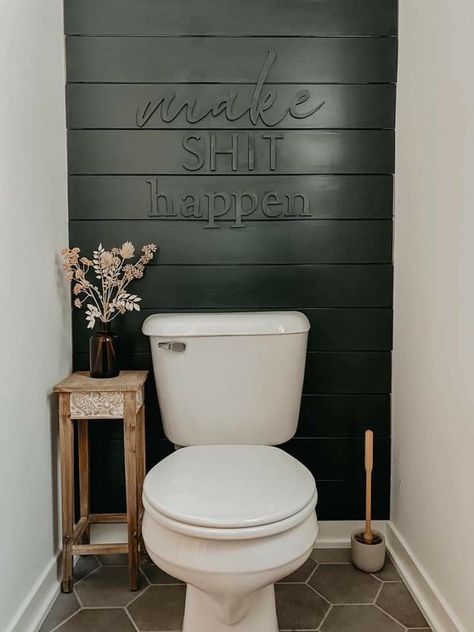 Budget Patio Makeover, Small Half Bathroom, Half Bathroom Remodel, Half Bathroom Decor, Tab Crafts, Toilet Room Decor, Shiplap Bathroom, Small Toilet Room, Bathroom Accent Wall