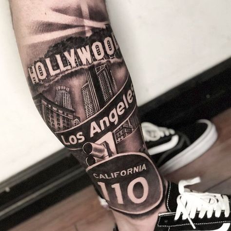 May 3, 2022 - This Pin was discovered by madison moore. Discover (and save!) your own Pins on Pinterest Small Black And Grey Tattoos, Los Angeles Tattoo Ideas, Hollywood Tattoo, Holy Tattoos, Skyline Tattoo, Black And Grey Tattoos Sleeve, Los Angeles Tattoo, California Tattoo, La Tattoo