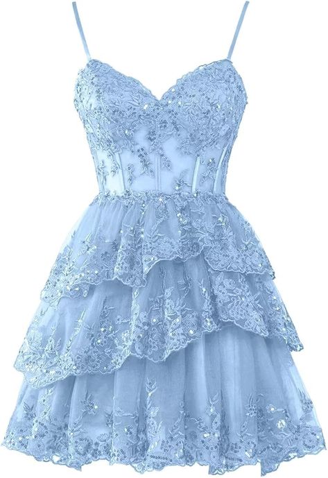 Amazon.com: Hanshi E-commerce Lavender Homecoming Dresses Short 2024 Glitter Lace Applique Tulle A-line Sleeveless Tiered Spaghetti Strap Open Back V-Neck Formal Mini Homecoming Dress for Teens US2 : Clothing, Shoes & Jewelry Light Blue Dresses Short, Corset Hoco Dress, Winterfest Dresses, Lavender Homecoming Dresses, Christmas Dance Dresses, Blue Homecoming Dresses Short, Nail Embellishments, Mini Prom Dress, Prom Dress For Teens