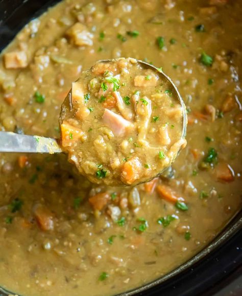 Slow Cooker Split Pea Soup | Valerie's Kitchen Dutch Split Pea Soup, Crockpot Split Pea Soup With Ham Bone, Crock Pot Split Pea Soup With Ham Bone, Slow Cooker Split Pea And Ham Soup, Pea Soup Crockpot, Crockpot Split Pea Soup, Split Pea Soup Slow Cooker, Slow Cooker Split Pea Soup, Split Pea And Ham Soup