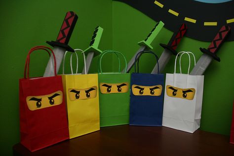 Lego Ninjago birthday party favor bags Martial Arts Party, Ninja Theme Party, Ninja Party Favor, Lego Ninjago Party, Ninjago Birthday Party, Ninja Birthday Parties, Ninjago Birthday, Ninjago Party, Ninja Birthday