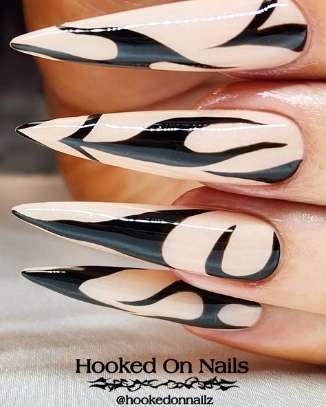 Long nails, nude nails, stiletto nails, tribal nail art Black And White Stiletto Nails, Black And White Barbed Wire Nails, Black And White Stiletto Nails Design, Black And White Gothic Nails, Goth Nails Black And White, 90s Nails, White Goth, Stiletto Nails Designs, Black Nail Designs