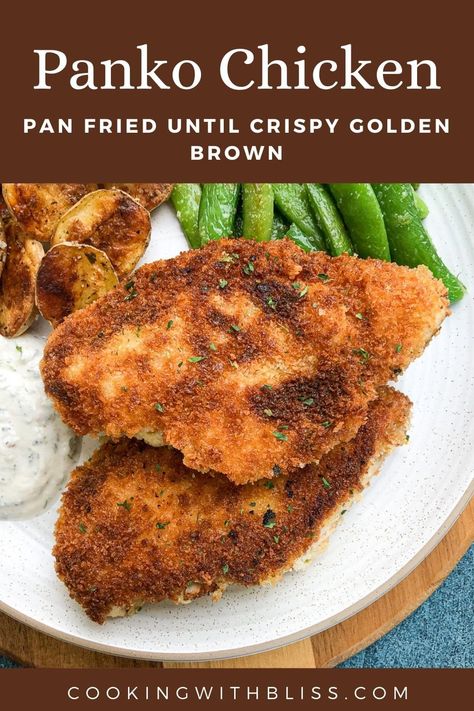 Easy crispy golden brown panko chicken breast pan fried until crispy golden brown. It's so easy and makes a great weeknight dinner. | cookingwithbliss.com Pan Fried Crispy Chicken, How To Pan Fry Chicken, Pan Fried Panko Chicken, Pan Fried Chicken Tenderloins, Pan Fry Chicken Breast, Simple Breaded Chicken, Fried Panko Chicken, Easy Panko Chicken, Panko Chicken Breast