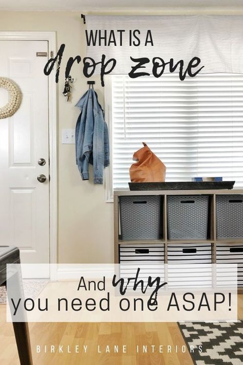 Try these LIFE-CHANGING drop zone ideas!  No mudroom drop zone?  No problem!  Create your own drop zone in your house: entryway, kitchen, anywhere—with these easy, DIY ideas! #birkleylaneinteriors #organization #entryway #mudroom #dropzone #smallspace #sm Landing Zone Ideas, Drop Zone Ideas Entryway Modern, Drop Spot Entryway, Small Entryway Drop Zone, Home Drop Zone Ideas, Shoe Drop Zone, Small Entryway Organization Ideas, Organized Entryway Ideas, Backpack Drop Zone Small Spaces