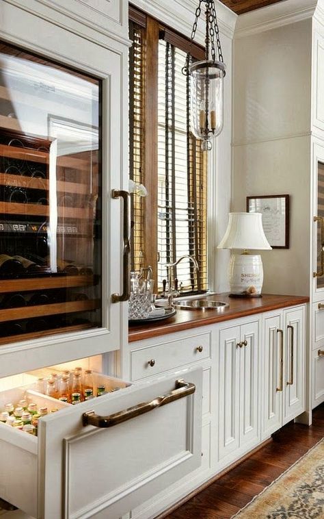 Top 25 Must See Kitchens on Pinterest - Laurel Home Fridge Drawers, Mix Drinks, Kitchen Decorations, Bar Cart Styling, Bar Counter, Counter Tops, Wine Fridge, Wet Bar, White Cabinets