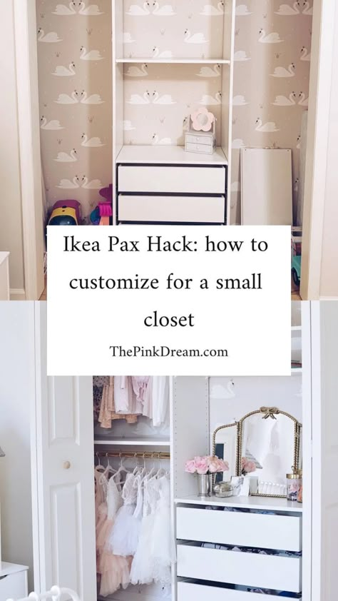 Ikea Hemnes Dresser In Closet, Pax And Malm, Small Ikea Closet, Customize Closet, Closet With Vanity, Ikea Pax System, Ikea Closet Hack, Pax Hack, Girls Closet Organization