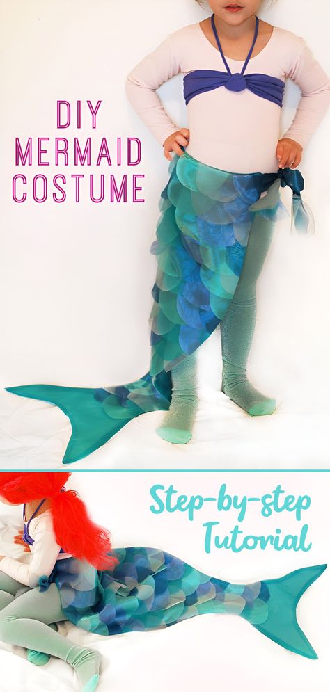 DIY Mermaid Costume Tutorial Diy Little Mermaid Costume, Peter Pan And The Pirates, Ariel Costume Diy, Halloween With Baby, Diy Mermaid Costume, Peter Pan Play, Mermaid Costume Kids, Voodoo Doll Costume, Kids Crafts Organization