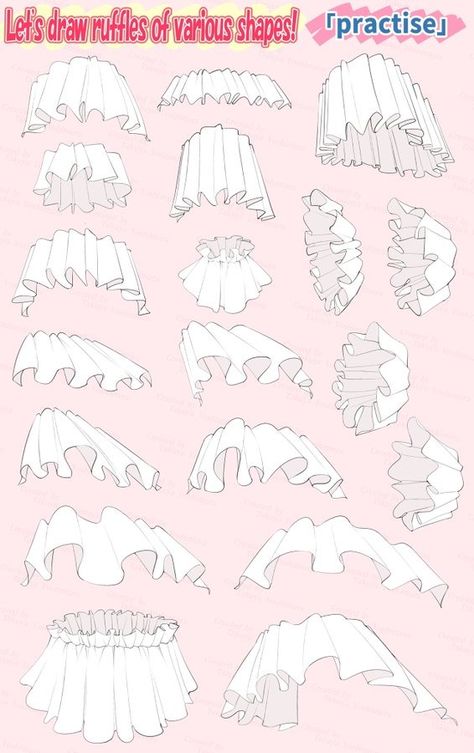 Sleeve Ruffles Drawing, Frill Drawing Reference, Frills Drawing Reference, Ruffles Drawing Tutorial, Wrinkle Sketch, How To Draw Ruffles On Sleeves, Dress Ruffles Drawing, Frills Reference, Drawing Frills