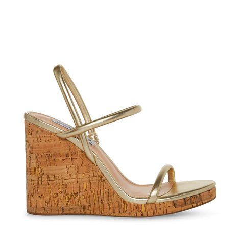 ELEGANT + BREEZY + CLASSIC A padded rounded strap design combined with a faux cork wedge gives the MORGAN sandals their signature look. Cork Texture, Gold Wedge Heels, Designer Wedges, Gold Platforms, Gold Wedges, Steve Madden Store, Steve Madden Sandals, The Morgan, Leather Sandals Women