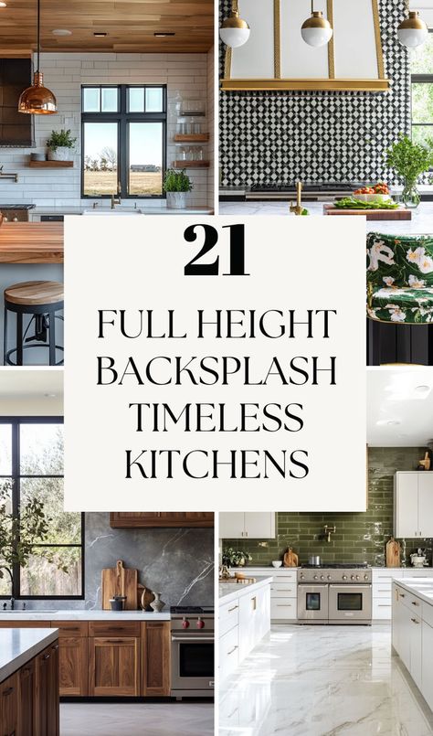 21 gorgeous design to inspire you. Learn everything you need to know about ful height backsplash, I cover pros and cons, material ideas and more... Counter Backsplash Kitchen, Kitchen Inspo Backsplash, Full Wall Tile Backsplash Kitchen, Kitchen With Mosaic Tile Backsplash, Backlash Kitchen Modern, Full Wall Kitchen Backsplash, Backsplash Window Kitchen, Backsplash Design Ideas, Countertop Backsplash Same