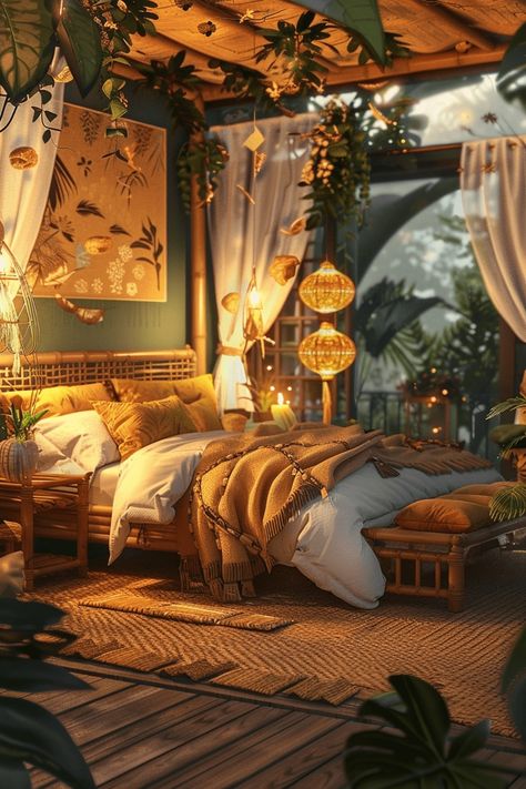 Jungle Theme House, Boho Jungle Bedroom, Jungle Bedroom Theme, Safari Bedroom, Jungle Bedroom, Vibe Rooms, Dorm Room Styles, Island Bedroom, Cozy Bedrooms