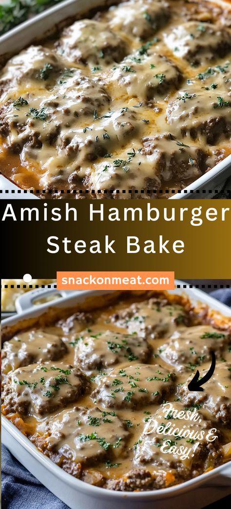 Amish Hamburger Steak Bake - Snack On Meat Ground Beef Steaks, Hamburger And Rice Recipes, Steak Gravy Recipe, Beef And Mushroom Recipe, Hamburger Gravy Recipe, Steak Bake, Recipes Using Hamburger, Creamy Mushroom Gravy, Hamburger Potato Soup