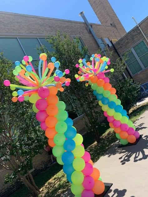 Neon Back To School Theme, Vbs Start The Party Theme, Neon School Dance Decorations, Neon Parade Float Ideas, Neon Birthday Backdrop, Neon Balloon Column, Glow Party Balloons, Neon School Theme, Glow Party Balloon Arch