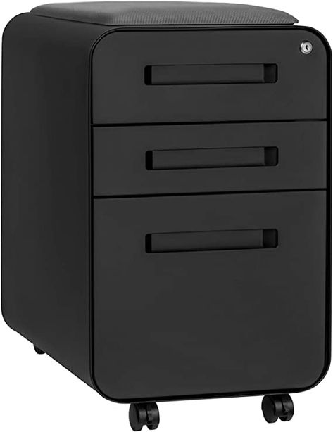 Amazon.com : Laura Davidson Furniture STOCKPILE Curve Seated 3-Drawer Mobile File Cabinet with Removable Magnetic Cushion Seat, Commercial-Grade, Pre-Assembled (Black with Dark Grey Cushion) : Office Products 3 Drawer File Cabinet, Metal Mobile, Desk Metal, Rolling File Cabinet, Narrow Cabinet, Legal Letter, Modern Chest Of Drawers, Hanging File Folders, Metal Filing Cabinet