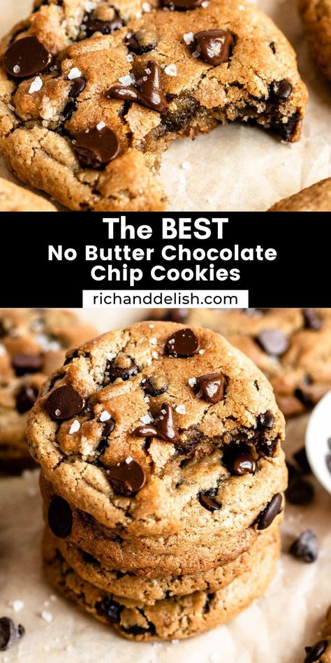 These no butter chocolate chip cookies are the easiest choc chip cookies ever! They are made with oil instead of butter and are so delicious, crispy on the edges, and perfectly chewy in the middle. One Stick Of Butter Cookies, No Butter Cookies Chocolate Chip, Cookies Oil No Butter, Chocolate Chip Cookie No Butter, Healthy Chewy Chocolate Chip Cookies, Chocolate Chip Cookies Oil No Butter, Chocolate Chip Cookies With Oil Instead Of Butter, No Butter Chocolate Cookies, Butter Substitute Baking Cookies