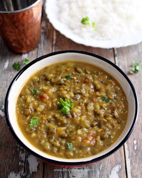 Punjabi green moong dal / sabut moong dal recipe - comforting whole green gram curry flavored with spices. Delicious with chapathis or rice.