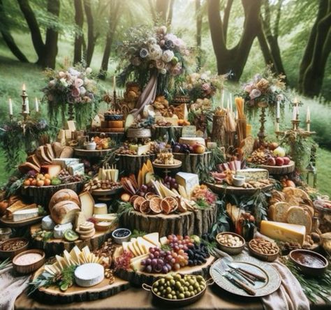 Enchanted Forest Buffet Table, Enchanted Forest Wedding Food, Cottagecore Wedding Food, Fantasy Wedding Food, Viking Wedding Food, Enchanted Forest Charcuterie Board, Fairytale Fall Wedding, Enchanted Forest Party Food, Forest Wedding Food